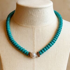 Vintage Turquoise Necklace with Baroque Pearl & Sterling Silver Toggle Clasp